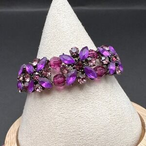 Rhinestone Stretch Bracelet Purple Floral Cluster Beaded Faceted Colorful